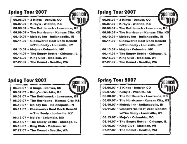 Front of original four-up handbill. Prints June 6 Denver, June 7 Wichita, June 8 Lawrence, June 9 Kansas City, June 10 Indianapolis, June 11 Louisville w/Tim Seely, June 13 Columbia, June 14 Chicago, June 16 Madison, and July 27 Seattle.