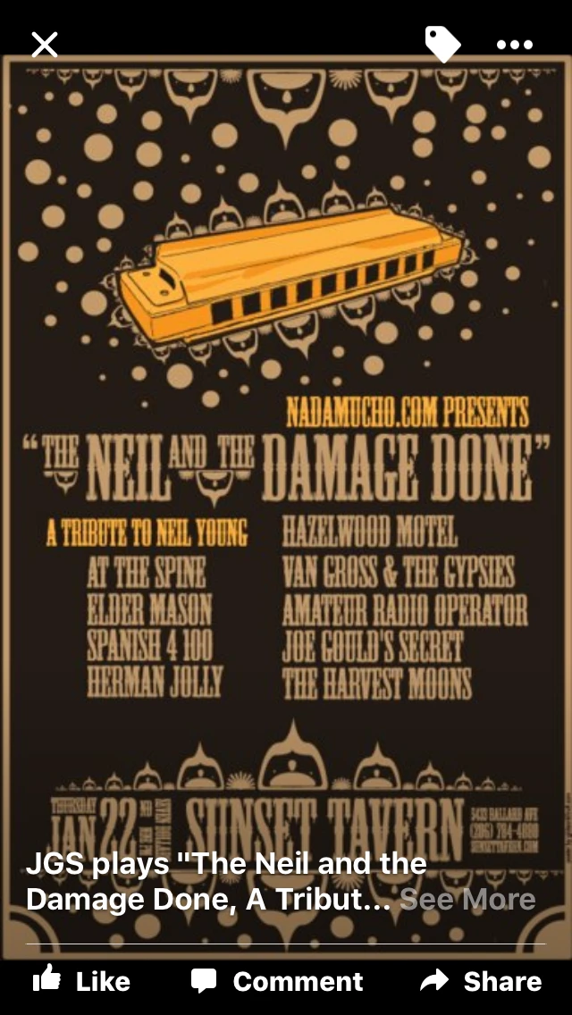 Gold harmonica poster for The Neil and the Damage Done at Sunset Tavern, January 22, 2009.